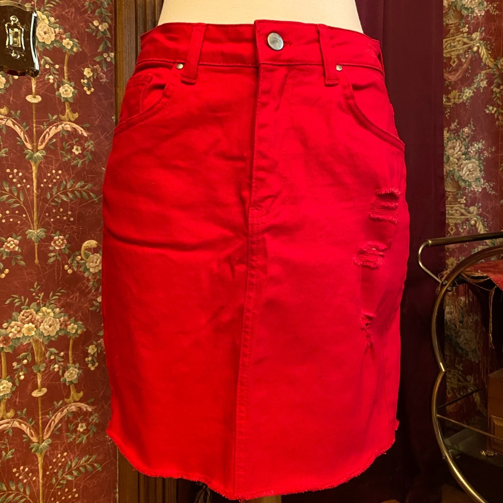 Pretty Little Thing Red Denim Distressed Skirt